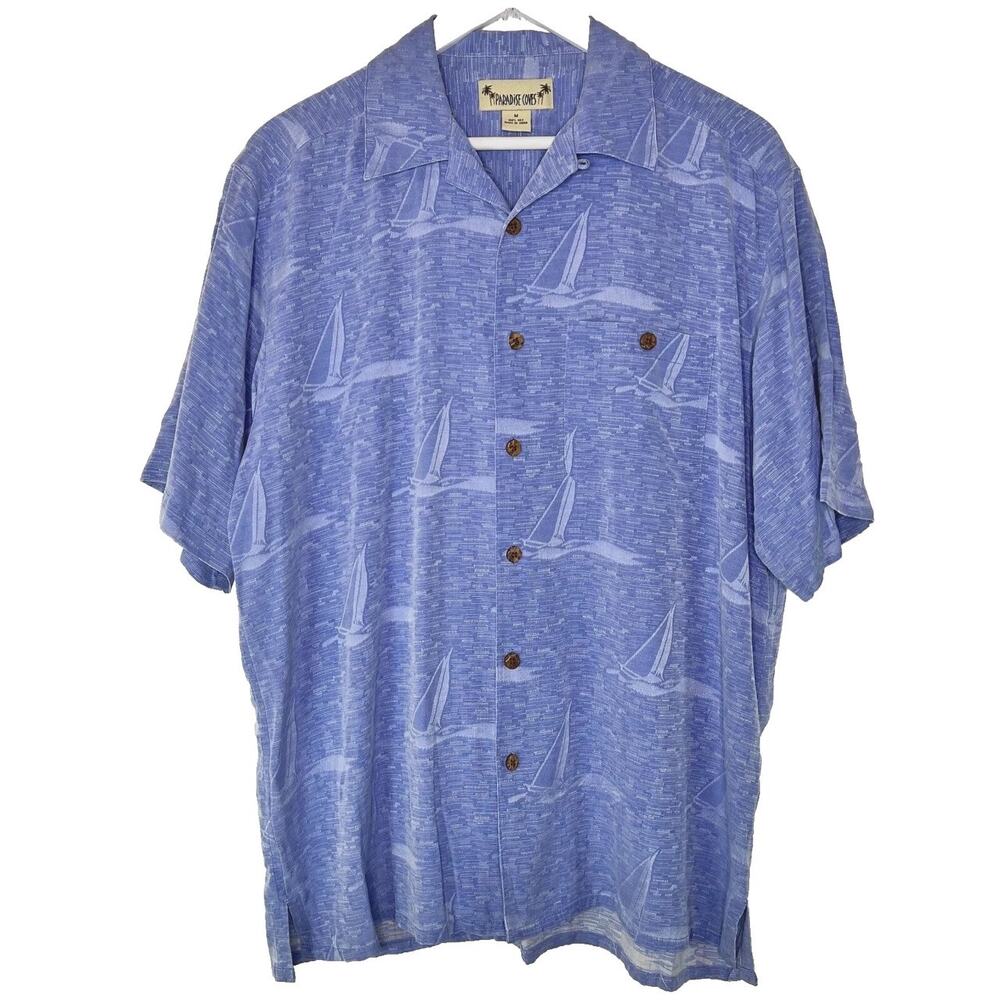 Paradise Cove Men's Hawaiian Shirt M Blue 100% Silk Wood Button Resort Nautical
